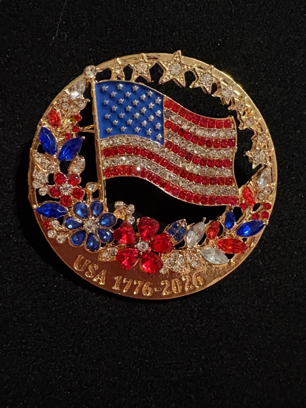 USA 250 Commemorative Rhinestone Flag Floral Brooch Pin 1776-2026 Patriotic